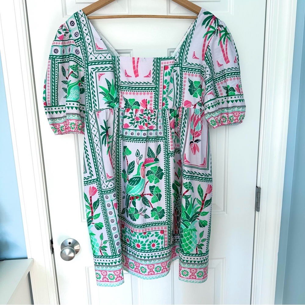 NWT Celina Moon Dress Babydoll Mini Tropical Pink Green Parrot Bird Sz XL